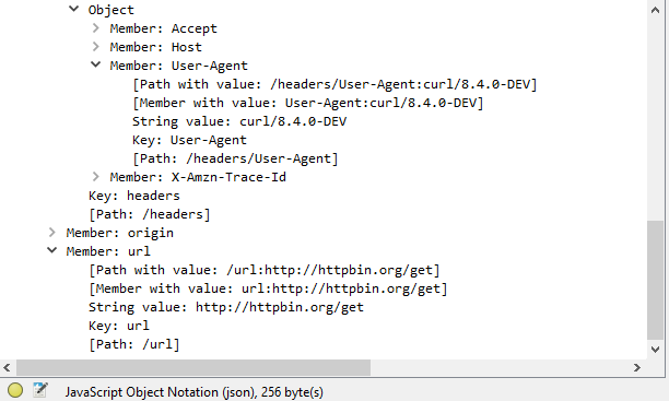 Wireshark screenshot showing an HTTP/JSON response from httpbin.org/get . The user agent is set to curl/8.4.0-DEV