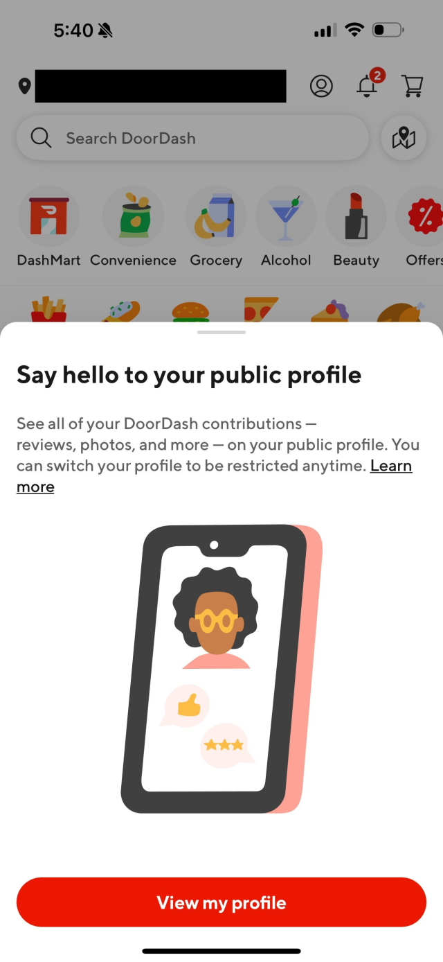 Screenshot of a DoorDash in app notification telling us our profiles will become public, including all of our transactions