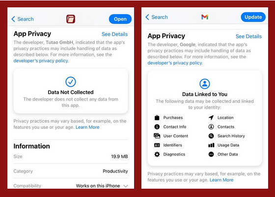 Picture of Tuta's app store information and Gmail's app store information.