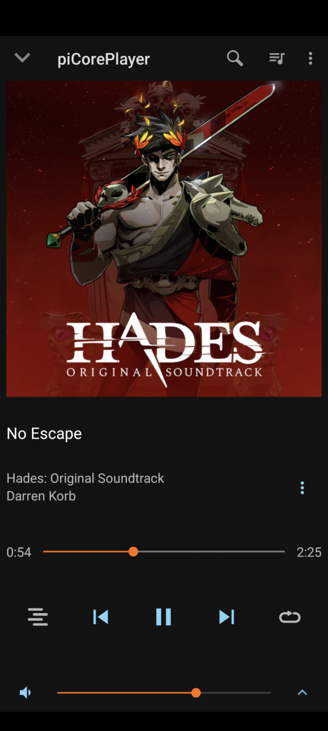 Android Squeezer Music Player, playing "No Escape" from the Hades Original Soundtrack.