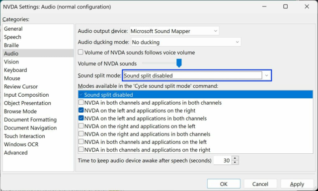 Screenshot of NVDA's audio settings from 2024.2 with focus on the "Sound Split Mode" dropdown.