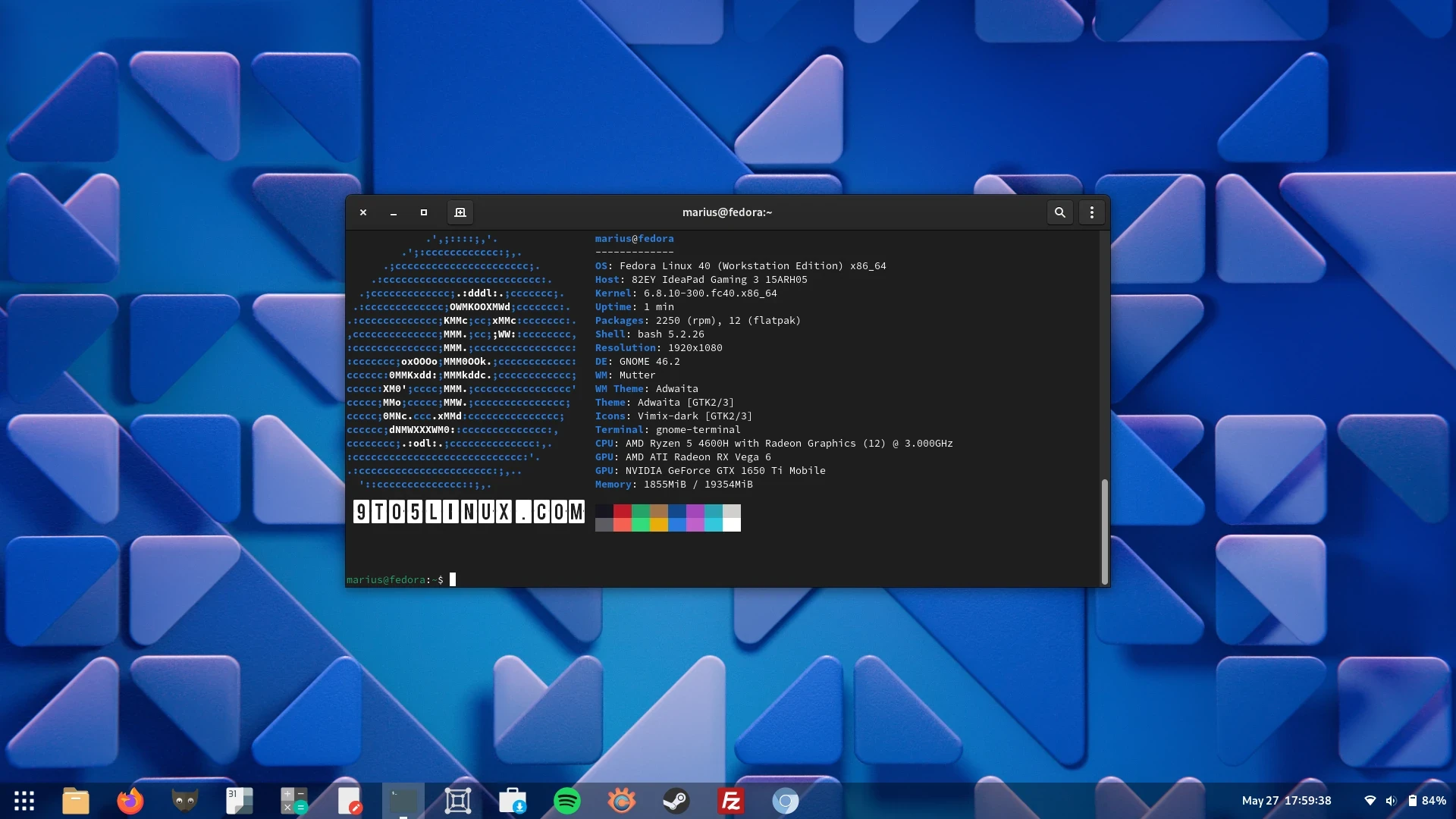 Screenshot of the GNOME 46.2 desktop environment on Fedora Linux 40 Workstation showing the GNOME Console app with an output of the neofetch command.