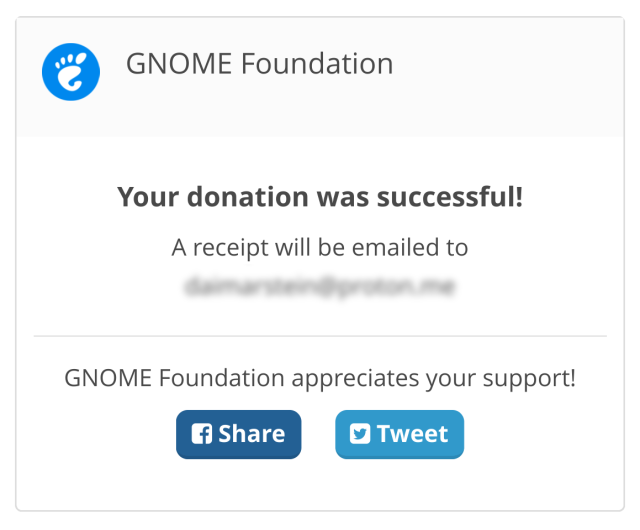 Screenshot of the GNOME Foundation website's donation box, stating that the donation was successful, followed by two buttons to share this on social media: one for sharing on Facebook and the other to share on Twitter.