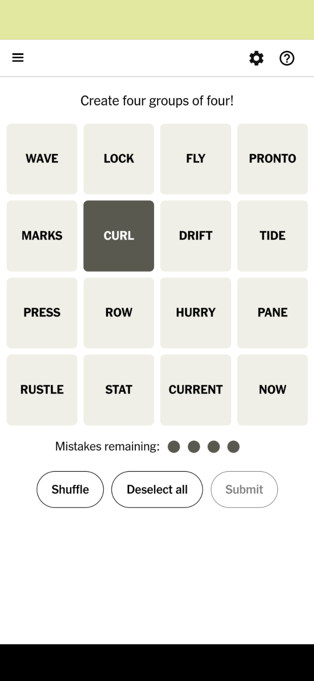 Screenshot of today's Connections puzzle with one square (that contains "CURL") selected