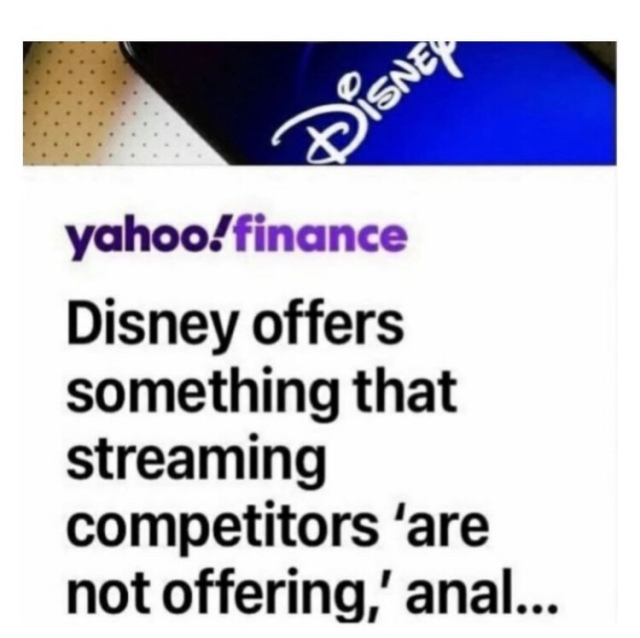 Yahoo!finance news title cropped : “Disney offers something that streaming competitors 'are not offering,' anal...”