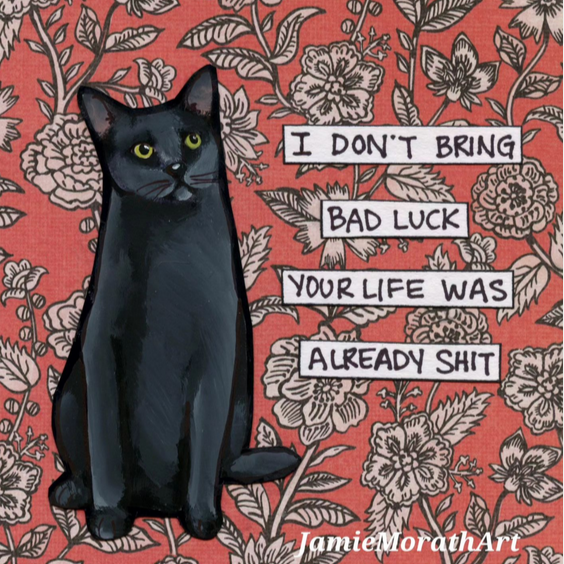 Black cat drawn on a red background with white flowers. Text says "I don't bring bad luck, your life was already shit."