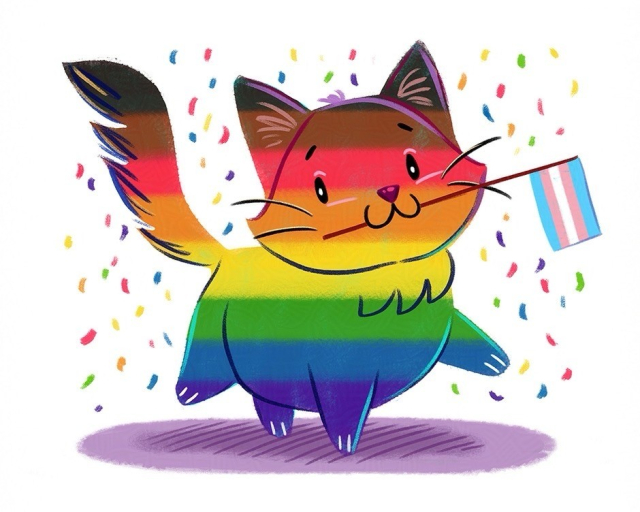 Cute cartoon cat in Philly Pride colors (rainbow plus brown and black) holding a trans flag in its mouth. Confetti in background.