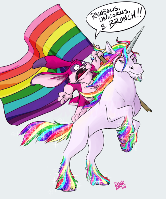 Brynk on the back of a white unicorn with a rainbow mane & tail, rearing up on its hind legs. Brynk is holding a Rainbow Flag (Gilbert Baker Design) up as a banner of war and declaring, "Rainbows, Unicorns, & BRUNCH!!"