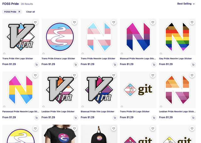 a selection of print-on-demand products, showing the logos of Vim, Emacs, Neovim, and Git with various pride flags edited in