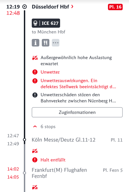 Screenshot of the DB App showing that the train is late, overbooked, it won't follow all stops, and once it reaches Nürnberg it will get worse.