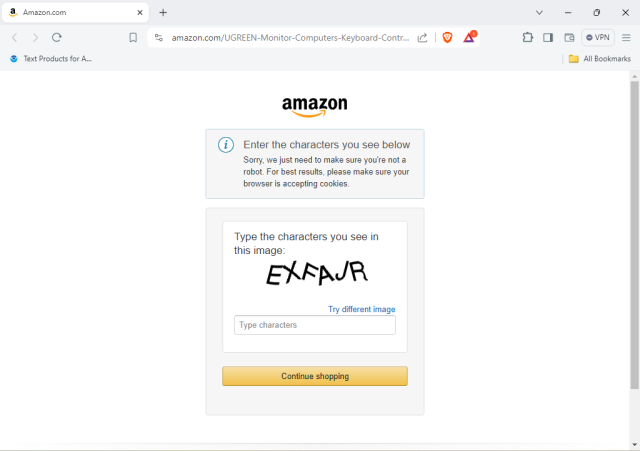 A pop-up on the Amazon website, requiring a CAPTCHA with no accessible alternative.