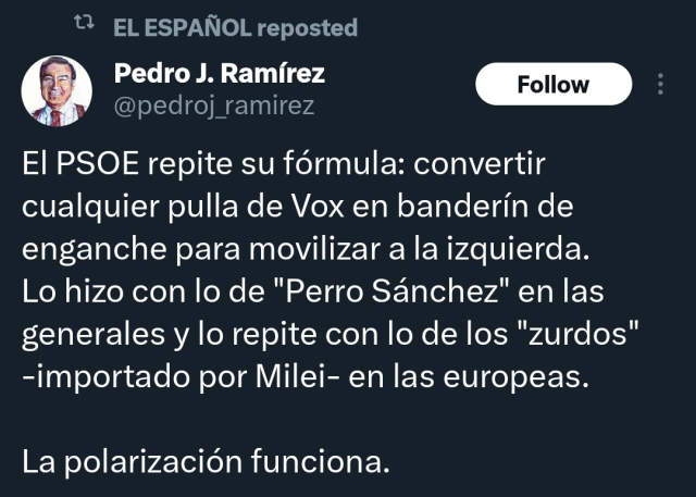 Captura de tuit de Pedrojotacalvorota

"El PSOE repite su fórmula: convertir cualquier pulla de Vox en banderín de enganche para movilizar a la izquierda. Lo hizo con lo de "Perro Sánchez" en las generales y lo repite con lo de los "zurdos" -importado por Milei- en las europeas.

La polarización funciona."