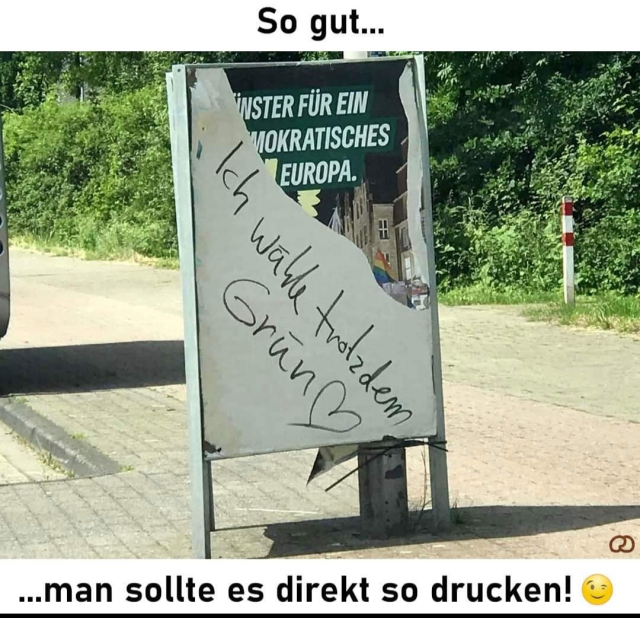 Ein teils zerstörten Wahlplakat Der Grünen mit der Aufschrift Ich wähle trotzdem Grün.