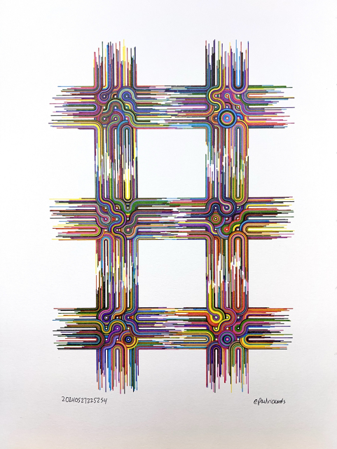 A pen plot of concentric overlapping connected arcs and circles of many different colors.  There’s groups of arcs in a 2x3 grid with strokes flowing from one group to another, almost like tassels on fabric. 