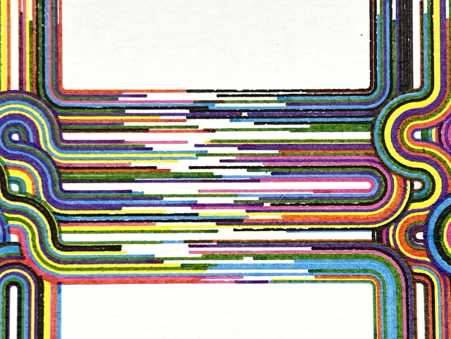 Detail from a pen plot of concentric overlapping connected arcs and circles of many different colors.  There’s groups of arcs in a 2x3 grid with strokes flowing from one group to another, almost like tassels on fabric. This detail shows the strokes from one group to another. 