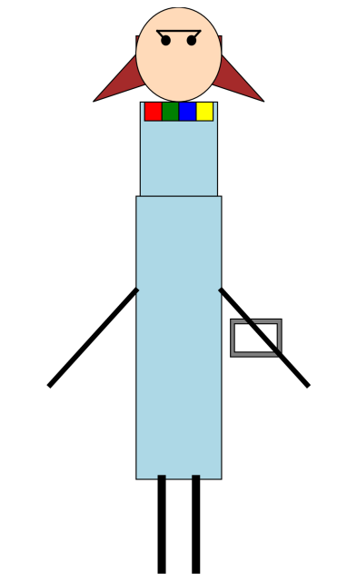 this is an awful drawing MS-Paint-esque. the head is a circle with beige, two pupils and a single monobrow, and Dr. Eggman-esque hair that's just two triangles pointing downwards. The body is just two rectangles that are gray (this is a robotgirl); with the neck barely thinner than the rest of the body. This avatar has a "necklace" of the microsoft colors, which are really just four squares next to each other. The arms are black lines on a 45 degree angle from the body, with a rectangle in the middle of the arm. The legs are two vertical black lines. All on a white background. I cannot emphasize enough how this looks like it was mde by a toddler in MS Paint and that toddler is afraid of the Brush tool.