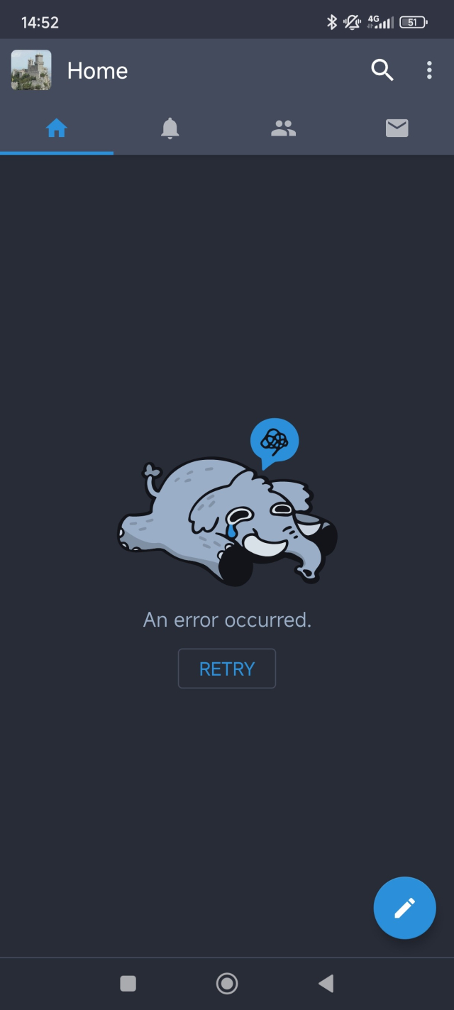 Text shows a recumbent elephant with the text "An error occurred" and "retry" 