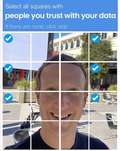 A CAPTCHA-type image instructing to "Select all squares with people you trust with your data," featuring a Mark Zuckerberg’s face divided into a grid with some squares marked with a blue checkmark.