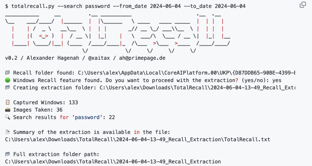 Screenshot eines Python Tools, was aus lokalen Microsoft Recall Daten Passwörter extrahiert und in einer kommandozeilenbasierten Volltextsuche anzeigt.