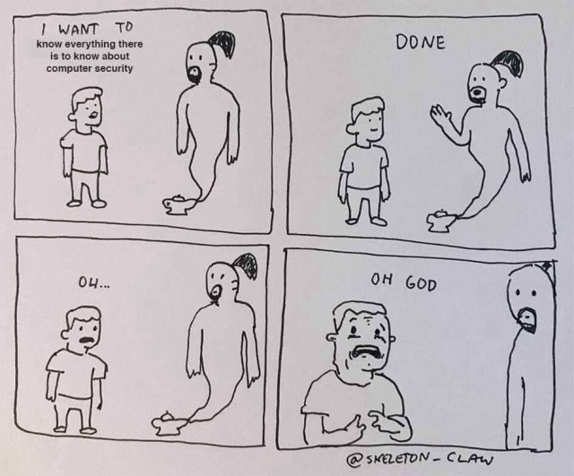 (IT guy) I WANT TO know everything there is to know about computer security (Genie) DONE (Guy) Оh … … OH GOD @SKELETON - CLAW