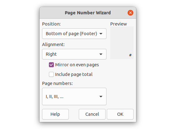 Screenshot of Page Number Wizard