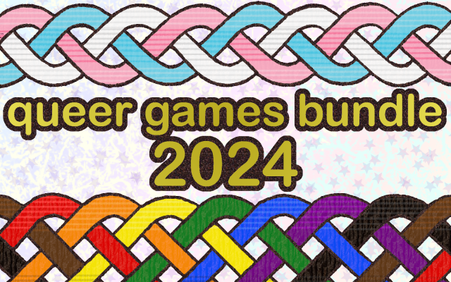 an illustrated banner has a braid of trans colors at the top and a weaving of rainbow + brown and black at the bottom. in the middle, gold text reads, "queer games bundle 2024"