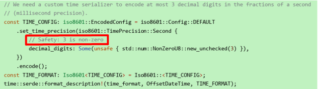 A snippet of Rust code manipulating dates. A safety comment above an unsafe block that takes a non-zero integer says "3 is non-zero".