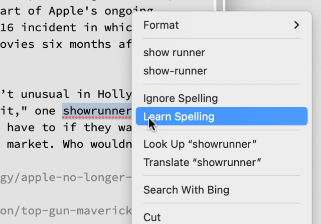 Screenshot showing the word “showrunner” being added to MacOS’s system-wide spelling dictionary.