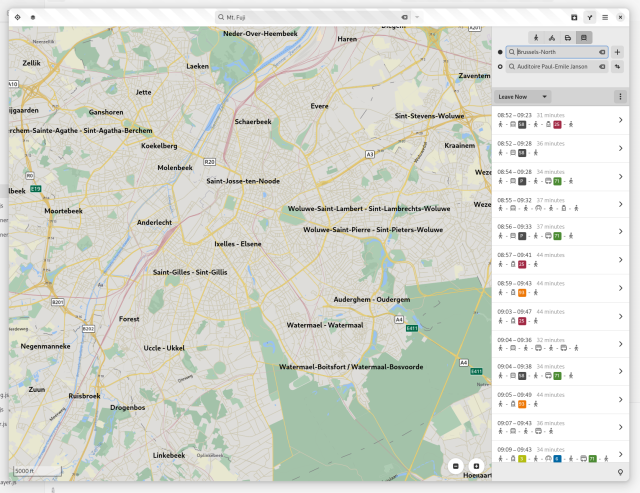 GNOME Maps showing a selection of public transit itineraries from Brussels North Station to the Janson auditorium at ULB (where FOSDEM is hosted)