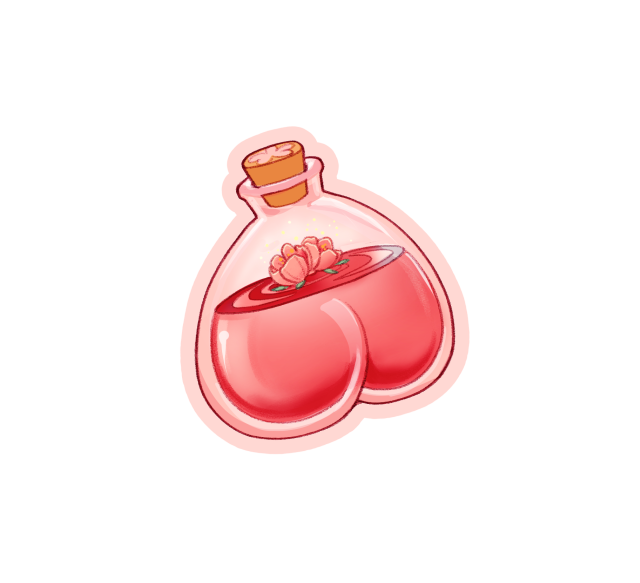 Potion with buttcheeks. Pink liquid and peach blossom inside, probably tastes like peaches.