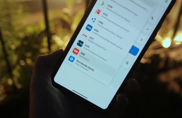 Railway's network selection, now featuring also SBB and Worldwide (beta) using Transitous, as it is the latest beta release. It is displayed on a OnePlus 6 running postmarketOS