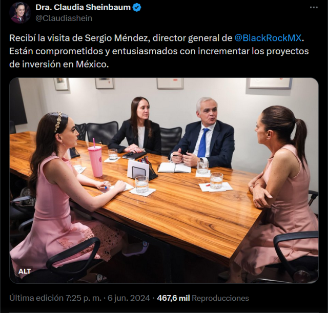 Recibí la visita de Sergio Méndez, director general de BlackRock MX. Están comprometidos y entusiasmados con incrementar los proyectos de inversión en México