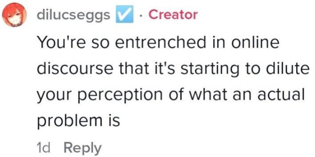 tiktok comment by dilucseggs: You're so entrenched in online discourse it's starting to dilute your perception of what an actual problem is