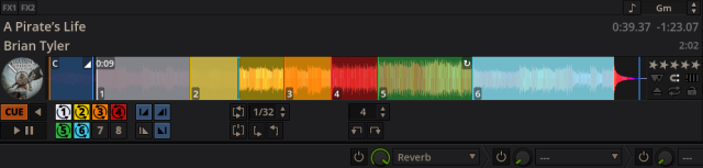 Screenshot of Mixxx: multiple colorful bars are overlayed on top of a wave form. Small Numbered buttons at the bottom left corner correspond to the colors of the bars on the waveform.
