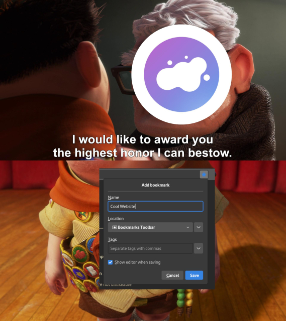 "I Would Like To Award You the Highest Honor I Can Bestow" meme edited so that Mr Fredricksen with my avatar on top gives Russel a Firefox bookmarking window as an award.