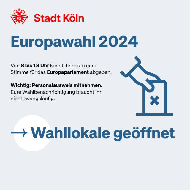 Auf blauer Fläche steht der Text: "Europawahl 2024: Wahllokale geöffnet. Von 8 bis 18 Uhr könnt ihr heute eure Stimme für das Europaparlament abgeben.

Wichtig: Personalausweis mitnehmen. 
Eure Wahlbenachrichtigung braucht ihr nicht zwangsläufig."