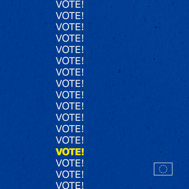 A visual of a blue background with the text ‘VOTE!’ in white running from the top to the bottom of the image. The fourth ‘vote’ from the bottom is yellow and in bold lettering. The EU emblem is in the bottom-right corner