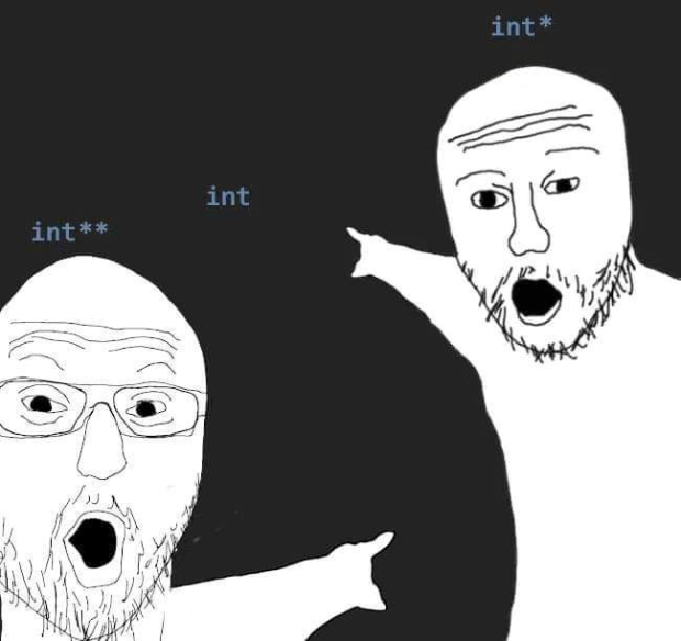 Two men pointing meme with C int pointers