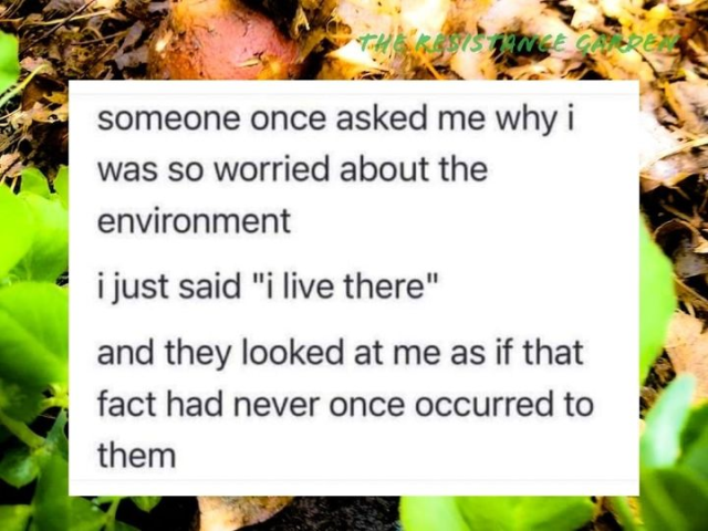 Someone once asked me why I was so worried about the environment.
I just said, "I live there."
And they looked at me as if that fact had never once occurred to them.