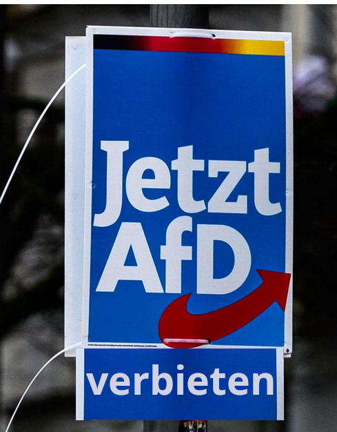Das Bild zeigt ein AfD-Plakat an einem Laternenmast im Hochkantformat, wie es zur Zeit häufig zu finden ist. Es trägt die weiße Schrift 'Jetzt AfD' auf blauem Hintergrund. Unter der Schrift ist das rote AfD-Logo angeordnet.
Ziemlich anfängerhaft wurde per Bildbearbeitung ein kleines, flaches Plakat darunter montiert. Dies ergänzt das echte Plakat sinvoll um das Wort 'verbieten', so dass es im Ganzen 'Jetzt AfD verbieten' ergibt.