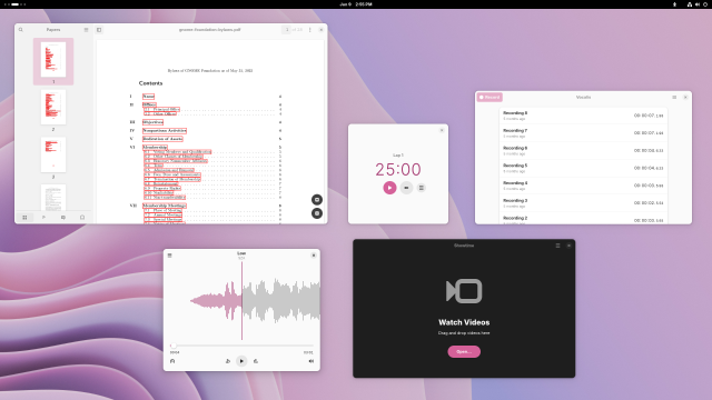 A screenshot of GNOME with 5 apps open: Papers, Solanum, Vocalis, Decibels, and Showtime. There is a pink background and the accent color is pink instead of the default GNOME blue.