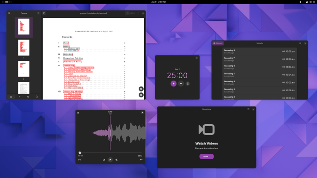 A screenshot of GNOME with 5 apps open: Papers, Solanum, Vocalis, Decibels, and Showtime. There is a purple background and the accent color is purple instead of the default GNOME blue. The apps are also using the GNOME dark style.