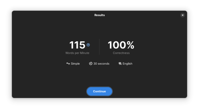 The results screen from Keypunch, a typing speed test app. The words per minute shown is 115, with one-hundred percent correctness. The test complexity was "Simple", with a test time of 30 seconds.