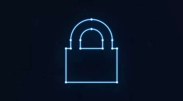 Picture of a lock outline in blue and glowing. 