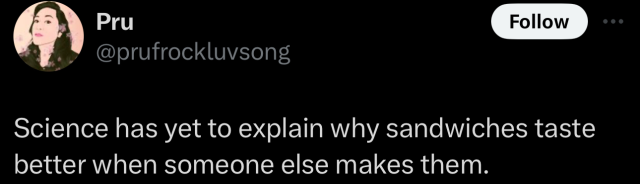 Screenshot of a social post by '@prufrockluvsong' on the social platform 'X' that says: 'Science has yet to explain why sandwiches taste better when someone else makes them.'