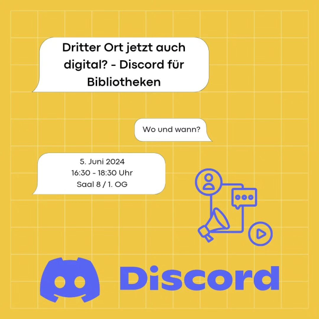 Info-Panel in gelb und blau

Dritter Ort jetzt auch digital? - Discord für Bibliotheken 

Wo und wann?

5. Juni 2024
16:30-18:30 Uhr
Saal 8 / 1. OG

Nicht im Bild: Ja, ja, Discord ist nicht open, dennoch eine relevante Plattform und in solchen Workshops kann man auch genau diese Fragen aktiv und konstruktiv diskutieren und Awarness schaffen für Datenschutz und Openess. Vielleicht eben auch Alternativen angehen.