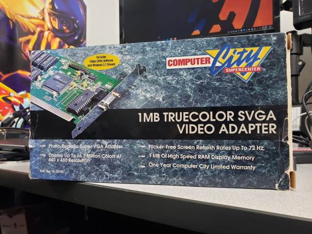 A generic video card box for a computer with bullet points for the features on the front of the box.