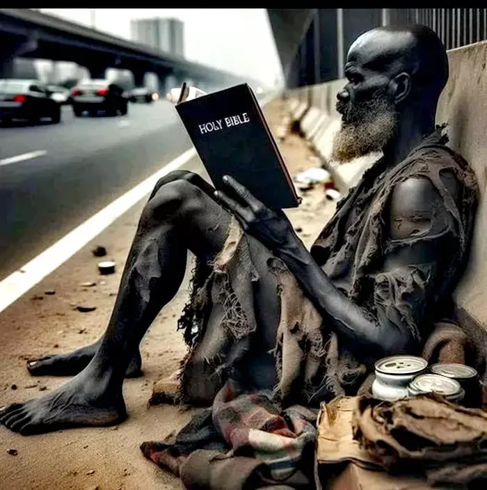 A black old man dresses in rags and showing several wounds is seated on the side of a highway reading the Bible.
