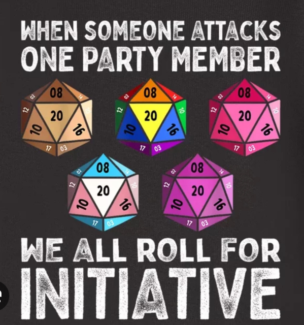 WHEN SOMEONE ATTACKS
ONE PARTY MEMBER

(D20s with blm, lgbtqia+, and feminist iconography)

WE ALL ROLL FOR
INITIATIVE