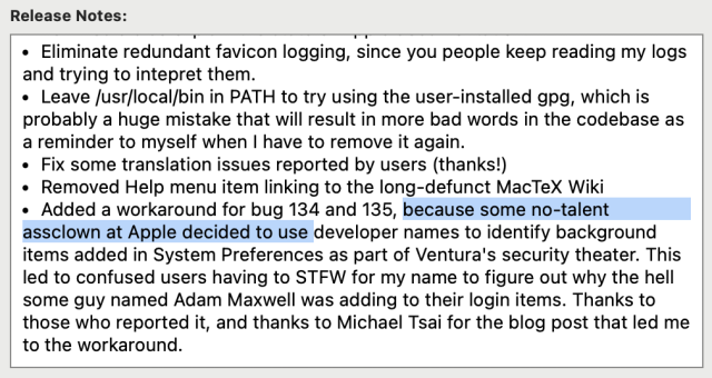 Screenshot of the release notes for TeX Live Utility with the words "because some no-talent assclown at Apple decided to use" highlighted.